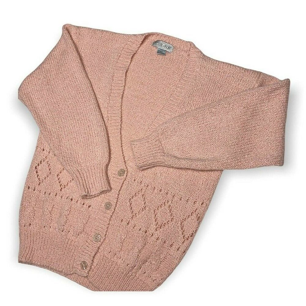 Pink Knit Cardigan Sweater Crystal Kobe Size Medium Cute Girly Vintage 90's Warm